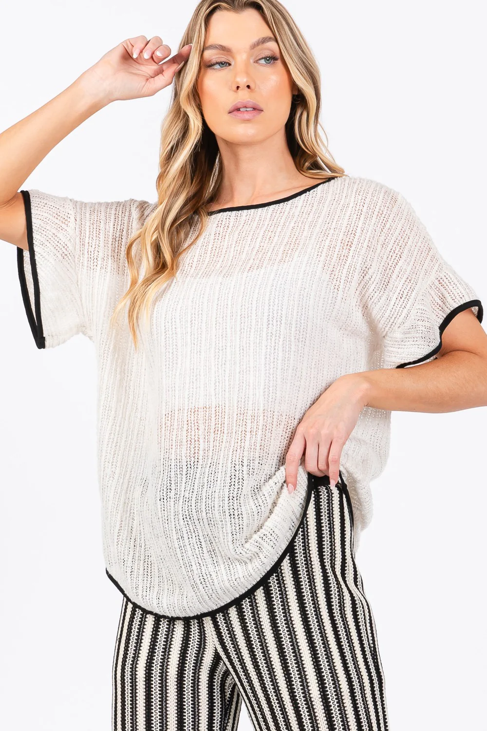 GeeGee Contrast Trim Short Sleeve Knit Cover Up - Image 5