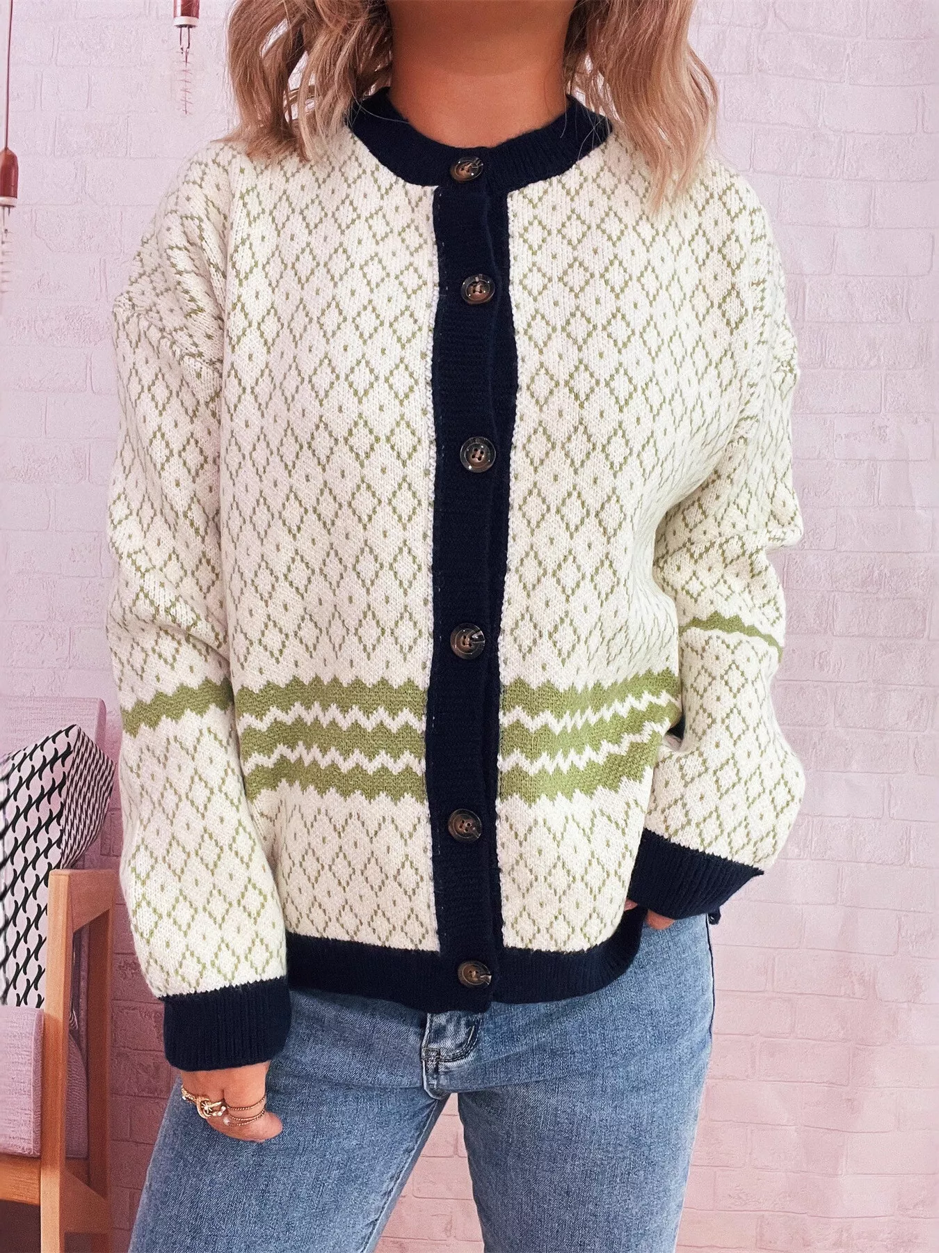 Geometric Pattern Button Up Cardigan - Image 6