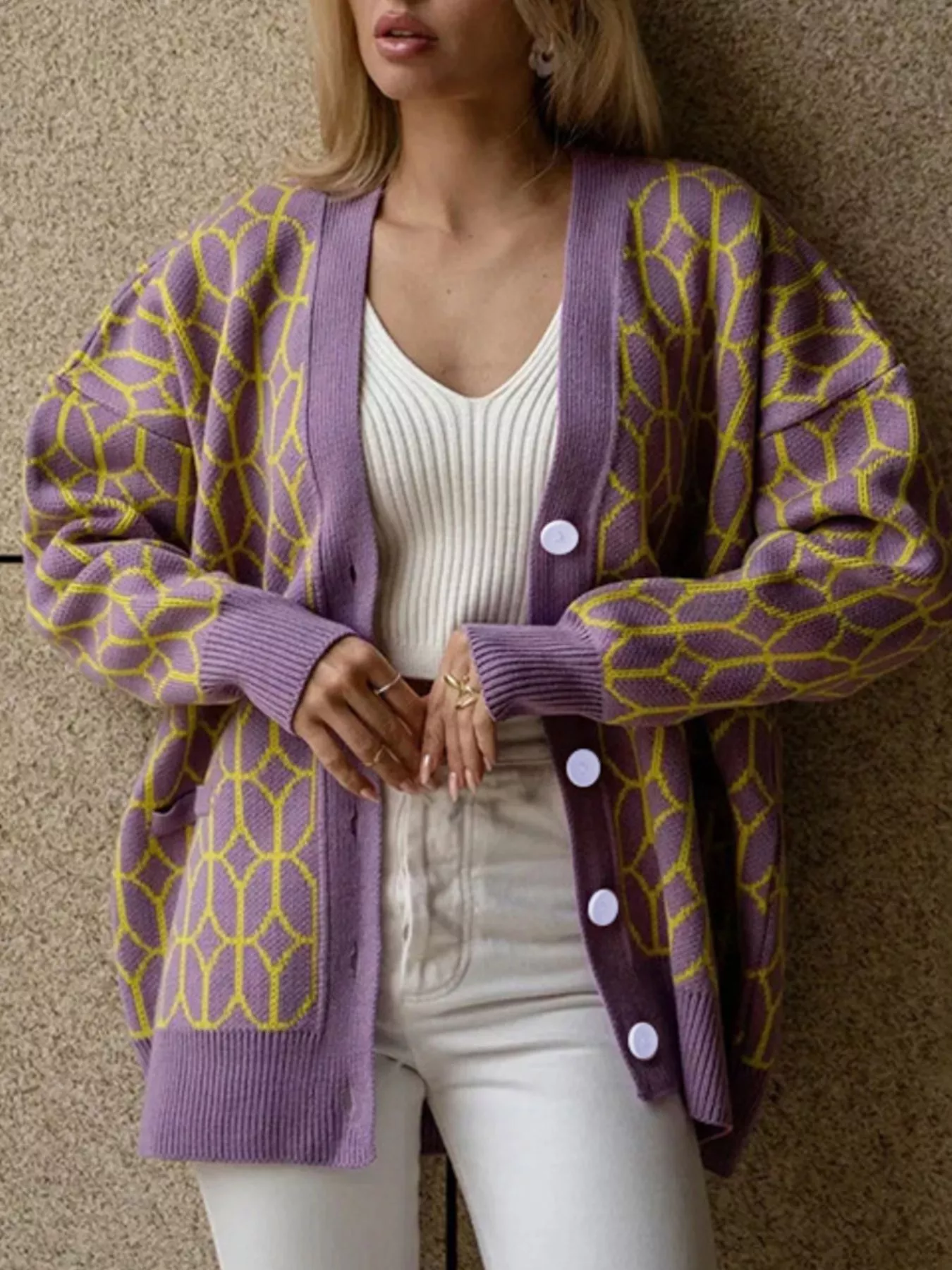 Geometric Patterned Button-Down Cardigan