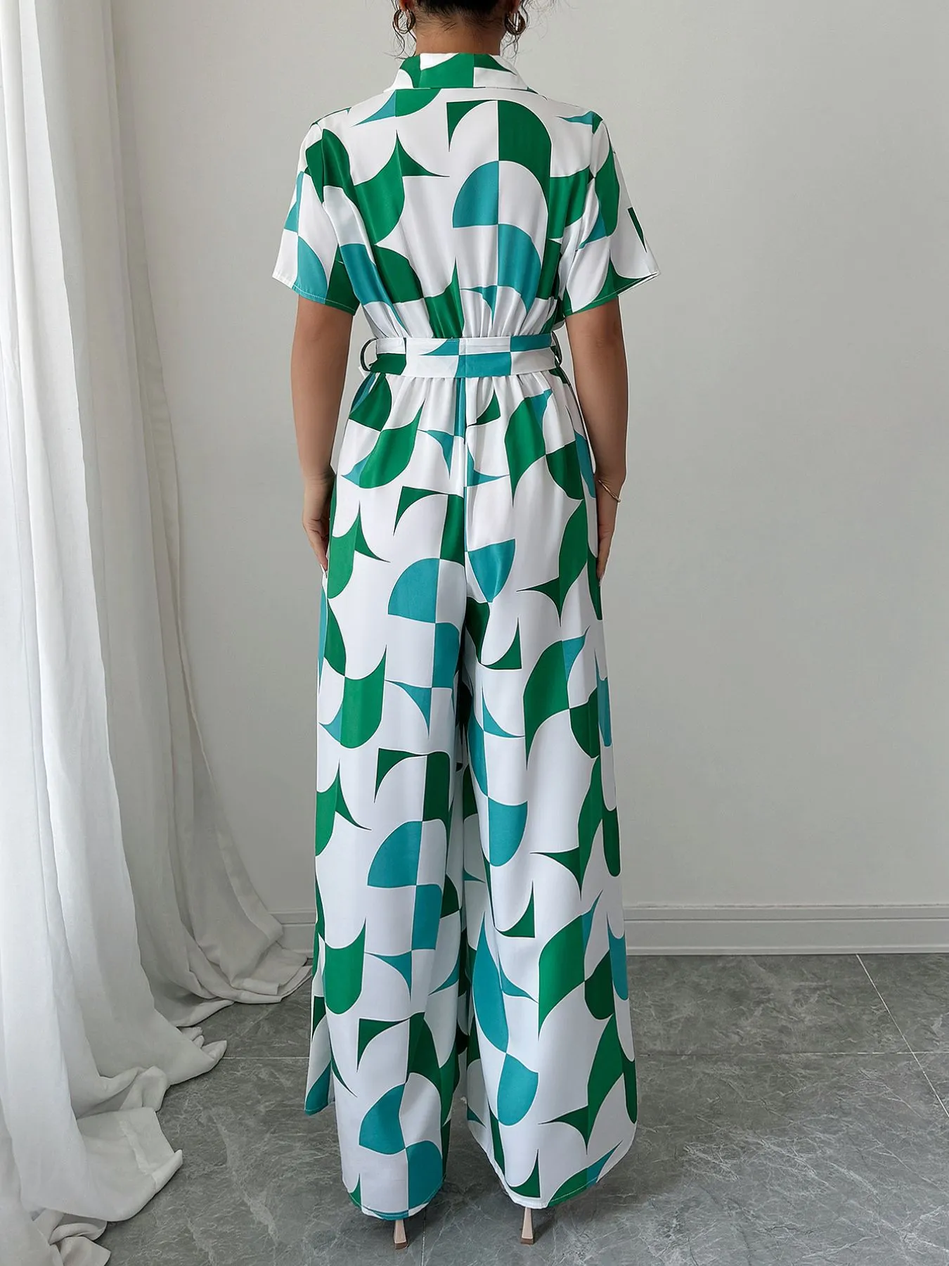 Geometric Print Belted Wide Leg Jumpsuit - Image 4