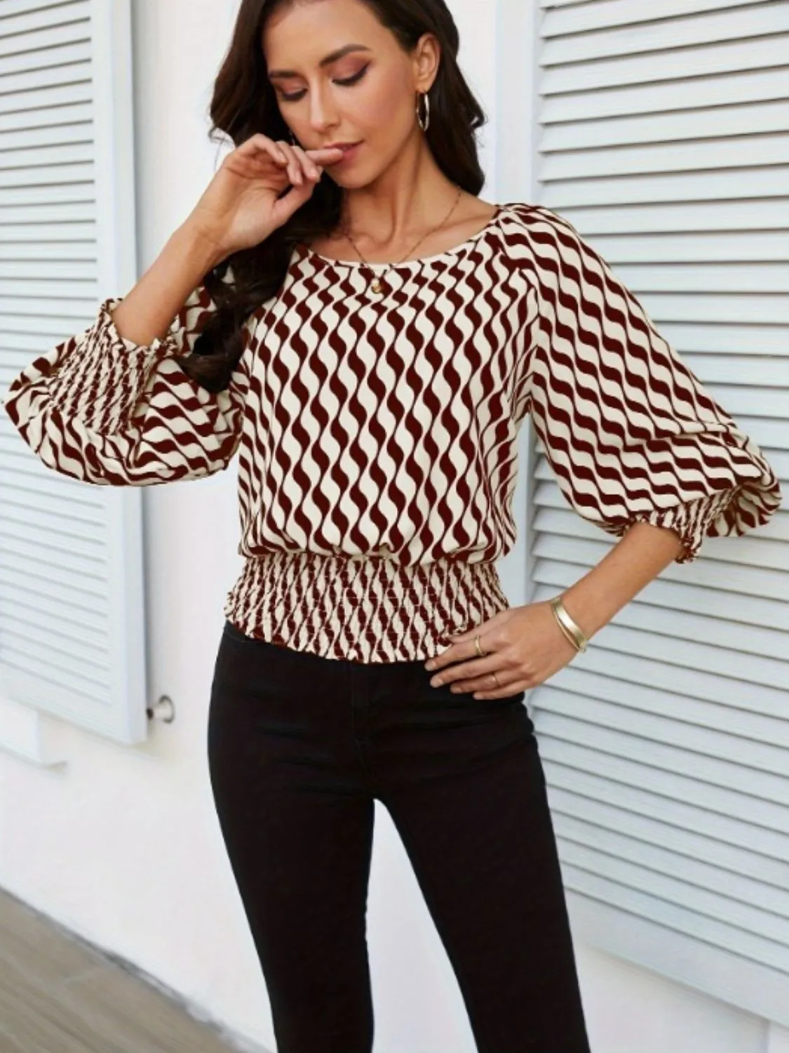 Geometric Print Lantern Sleeve Smocked Waist Blouse - Image 5