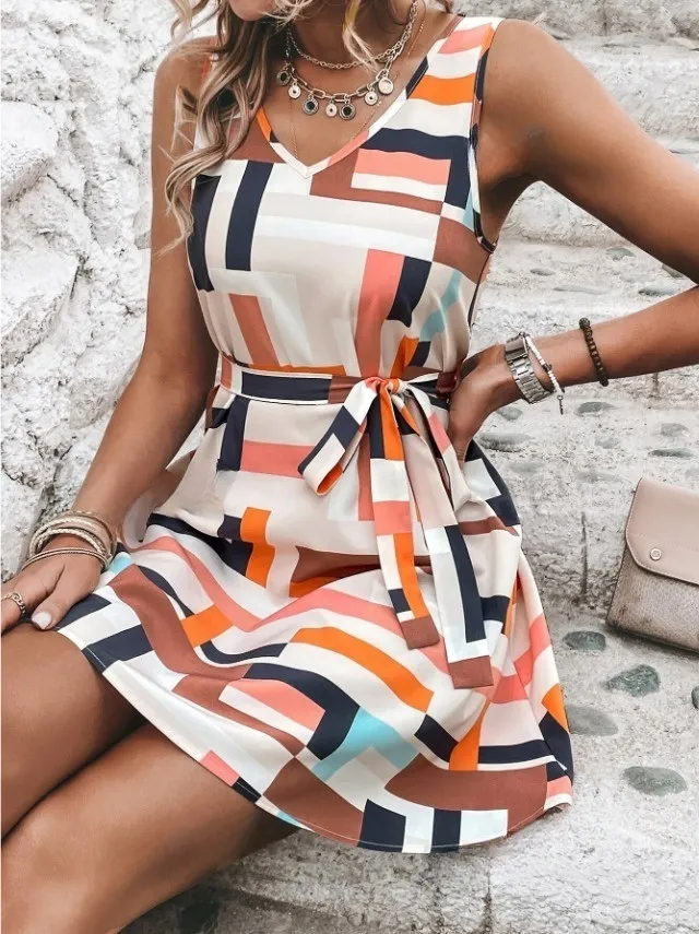 Geometric Print Sleeveless Mini Dress with Belt - Image 8