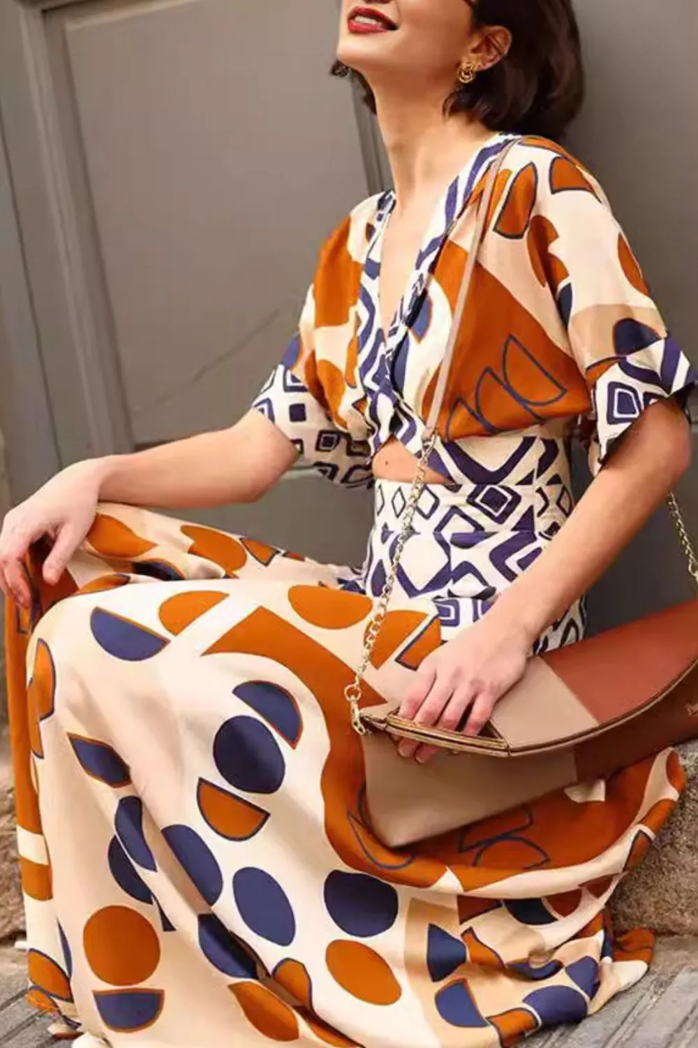 Geometric Print V-Neck Maxi Dress with Cutout Detail - Image 4