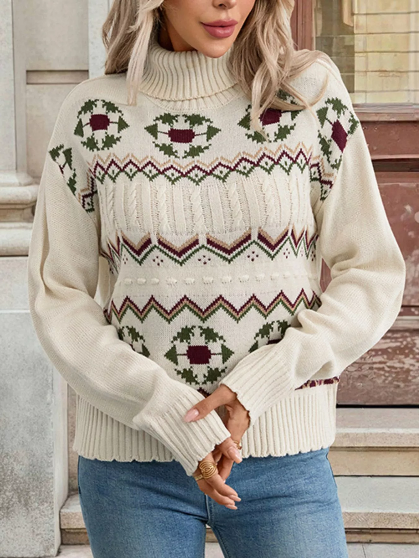 Geometric Turtleneck Long Sleeve Sweater - Image 4