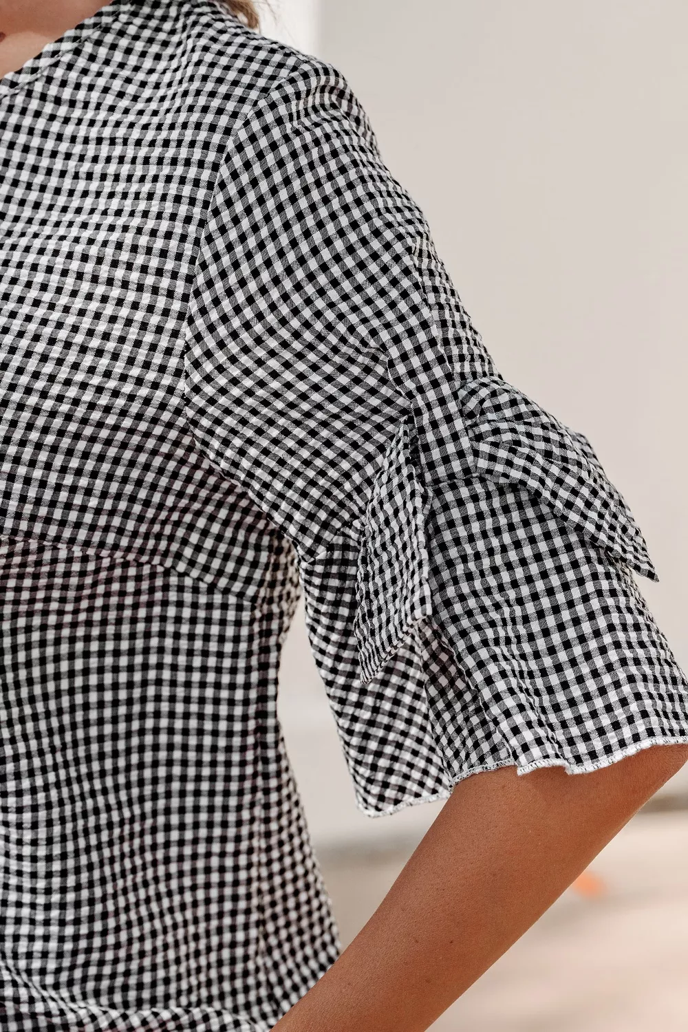 Gingham Bow Half Sleeve Blouse - Image 14