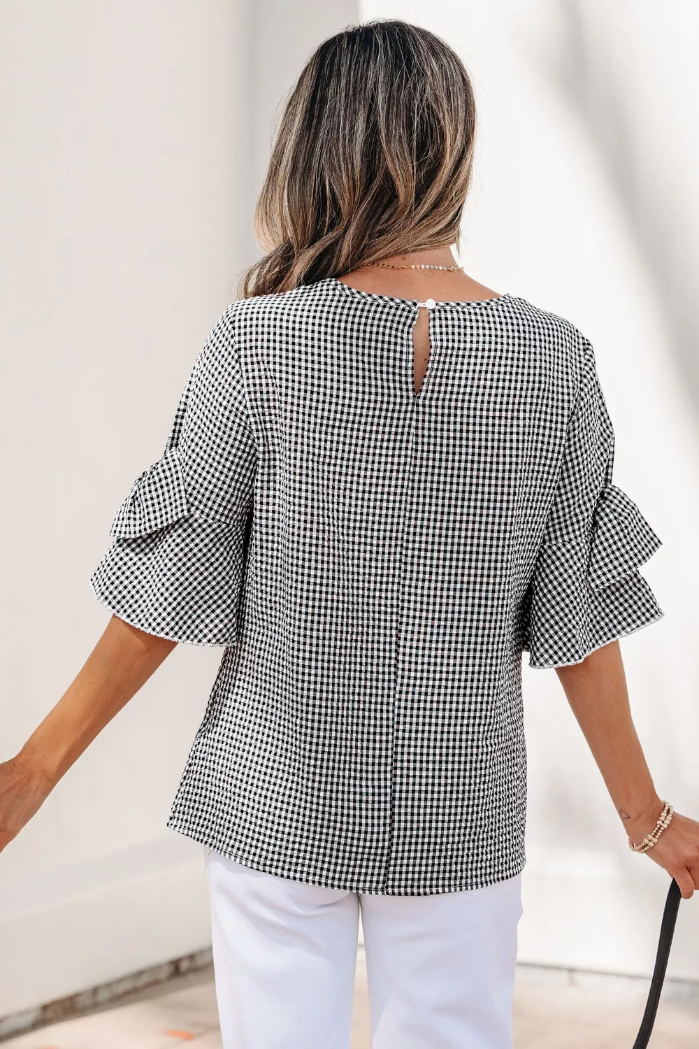 Gingham Bow Half Sleeve Blouse - Image 5