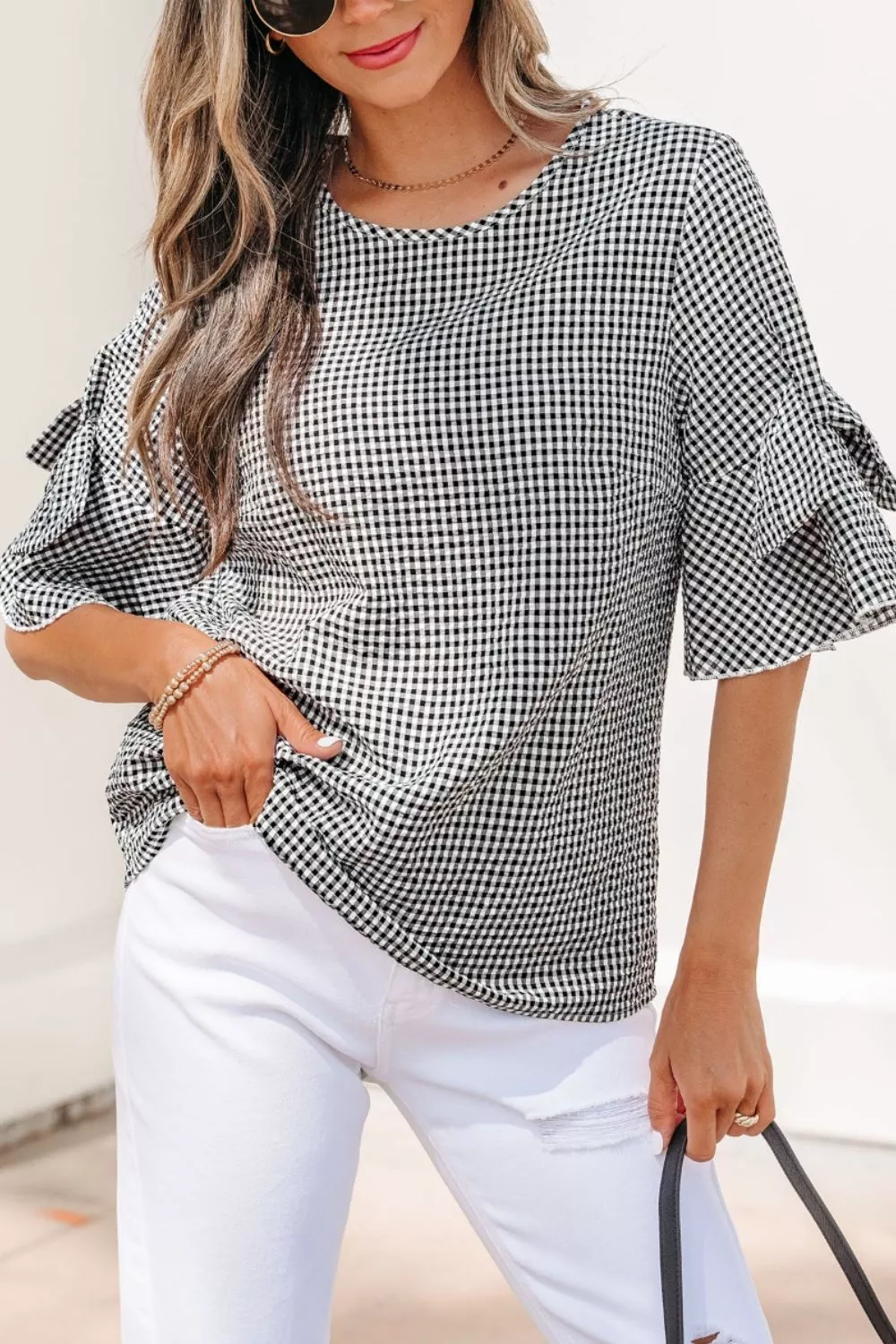 Gingham Bow Half Sleeve Blouse - Image 6