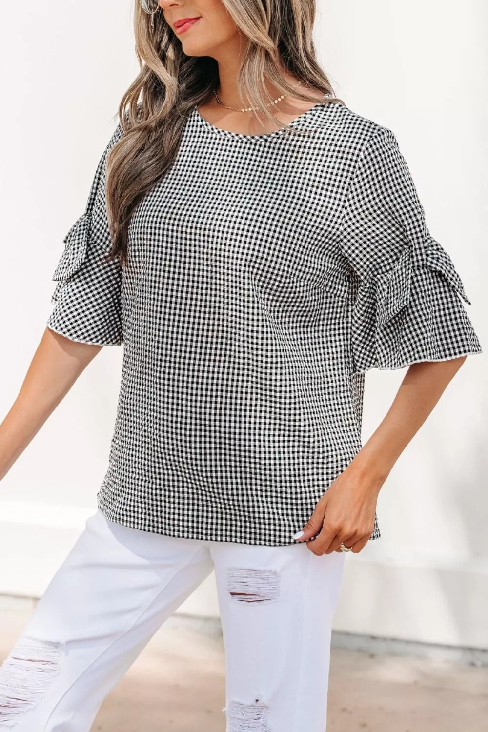 Gingham Bow Half Sleeve Blouse - Image 7