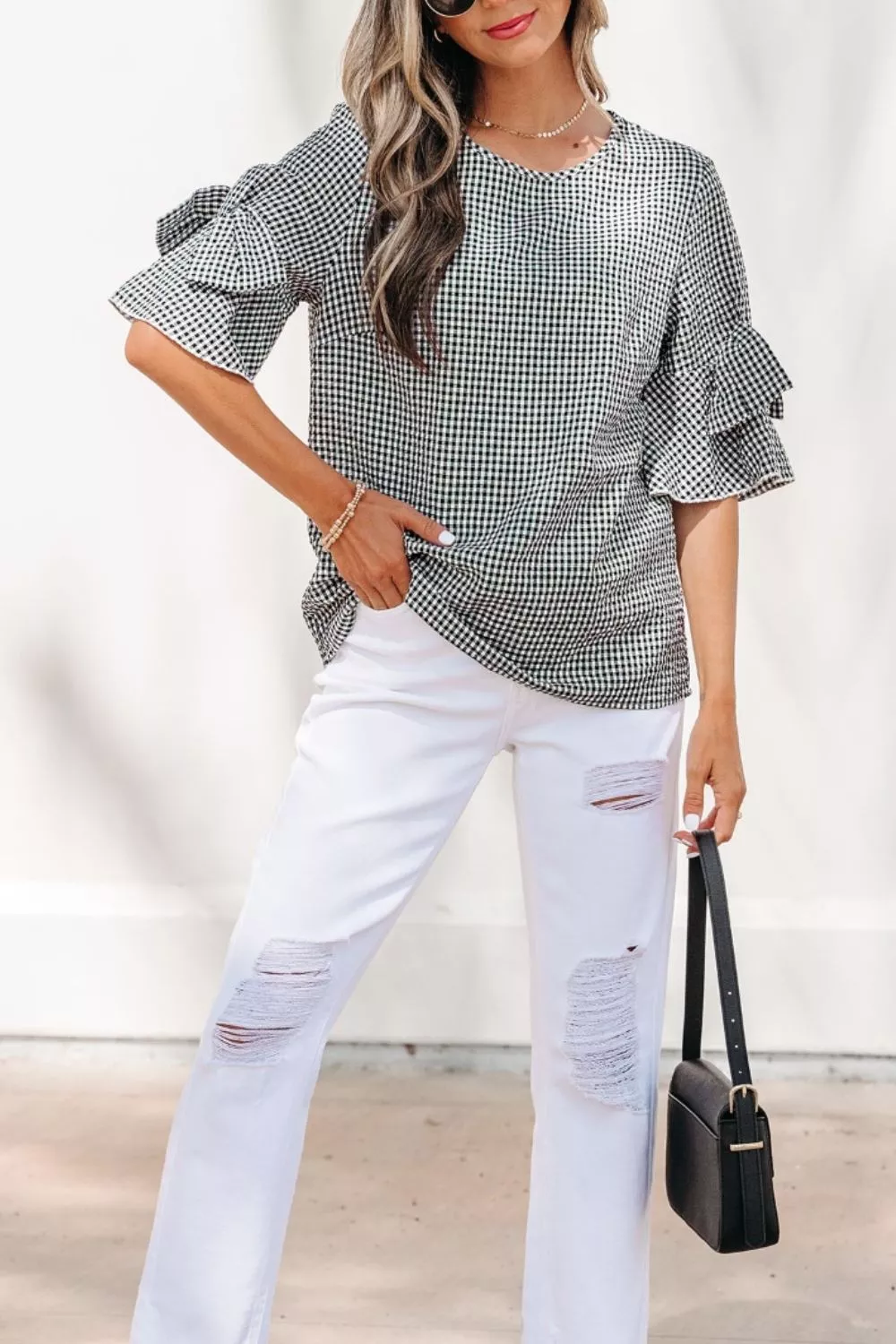 Gingham Bow Half Sleeve Blouse - Image 8