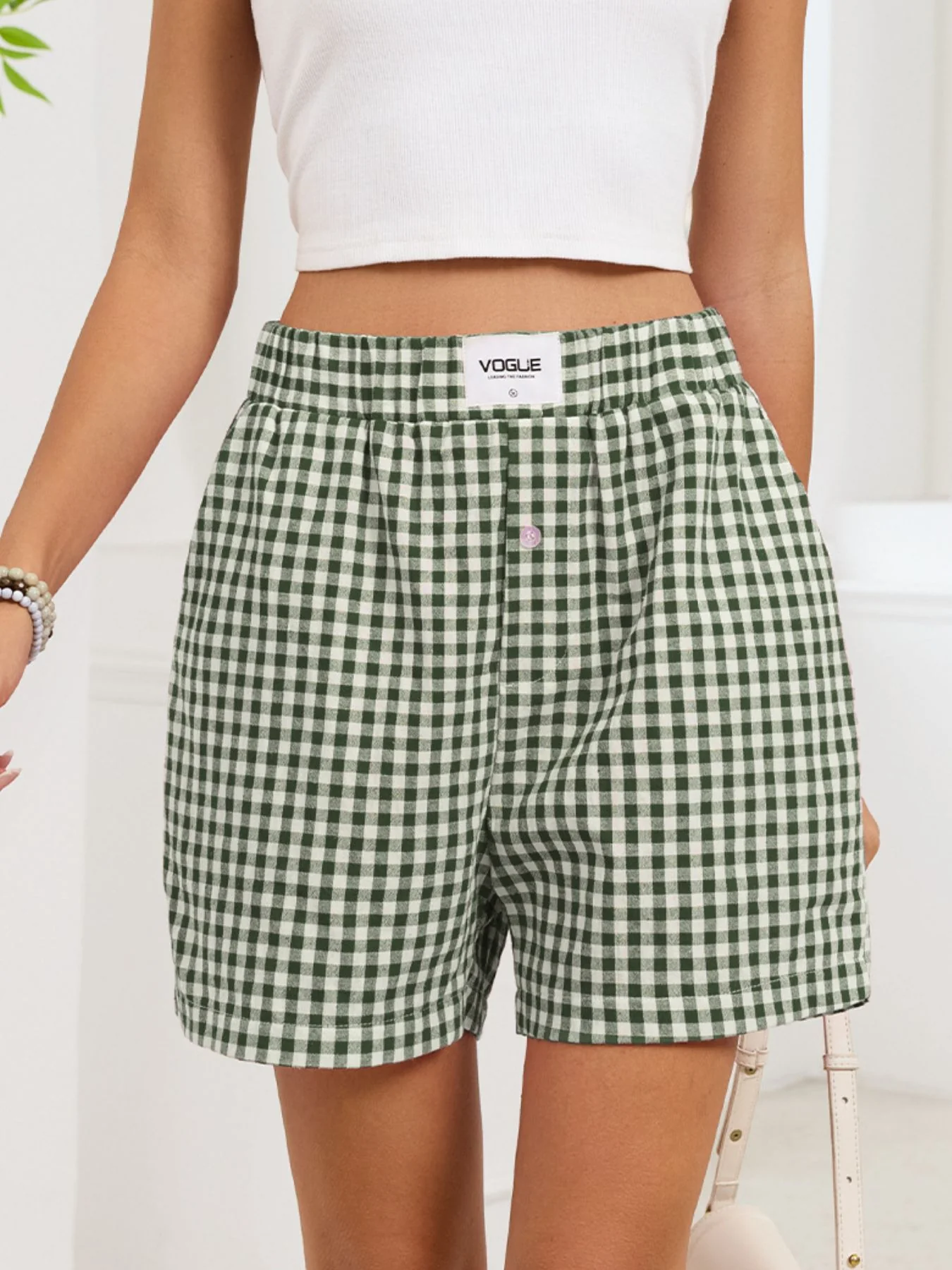 Gingham Elastic Waist Casual Shorts - Image 12