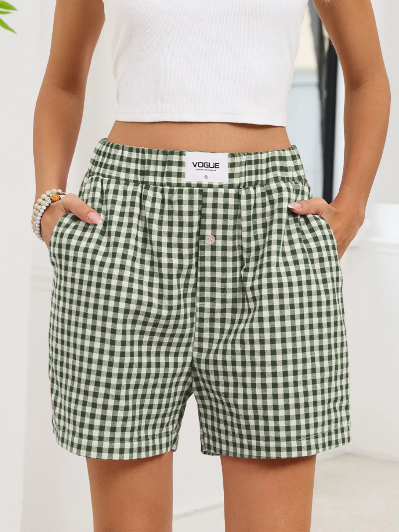 Gingham Elastic Waist Casual Shorts - Image 13