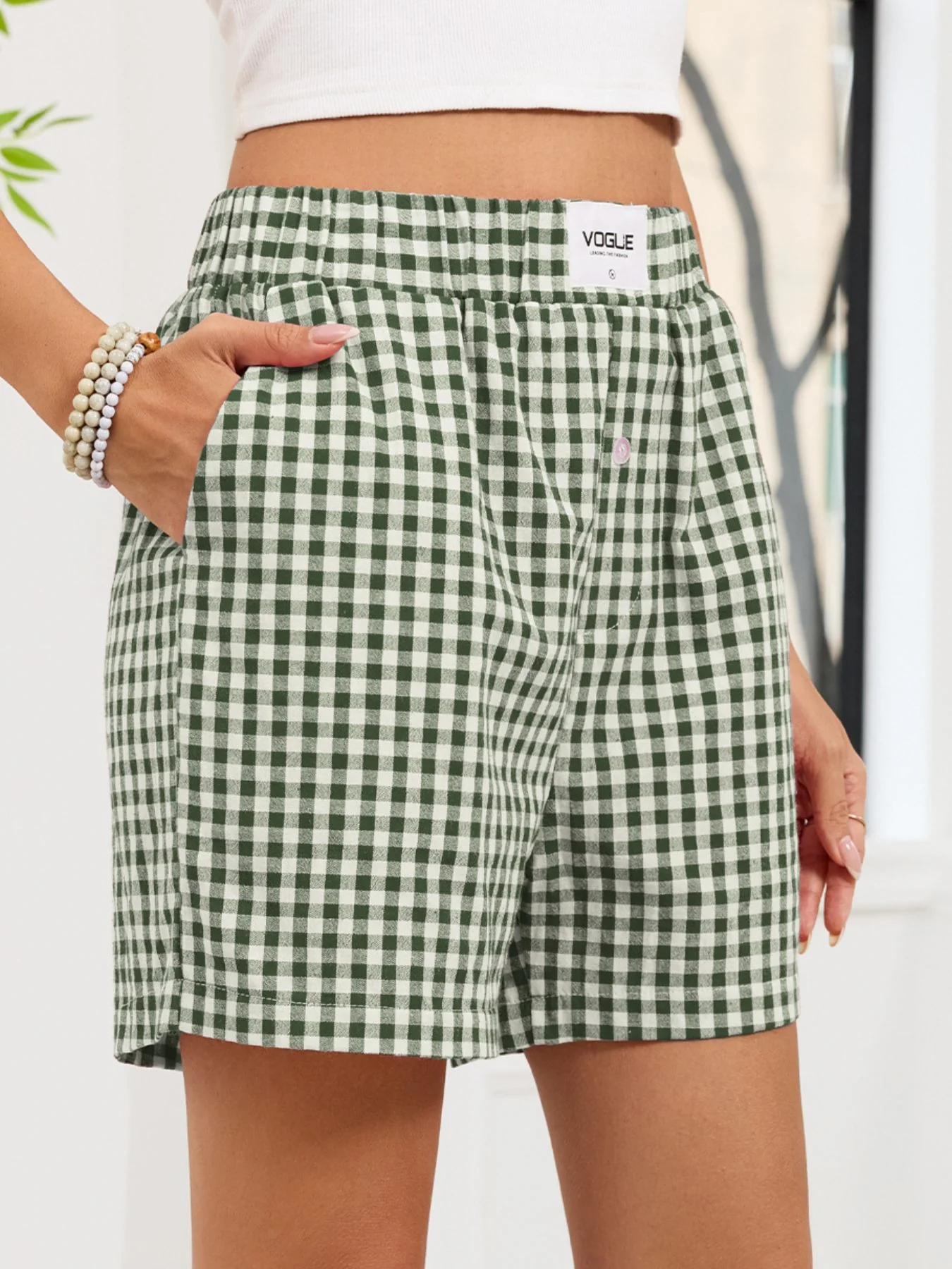 Gingham Elastic Waist Casual Shorts - Image 14