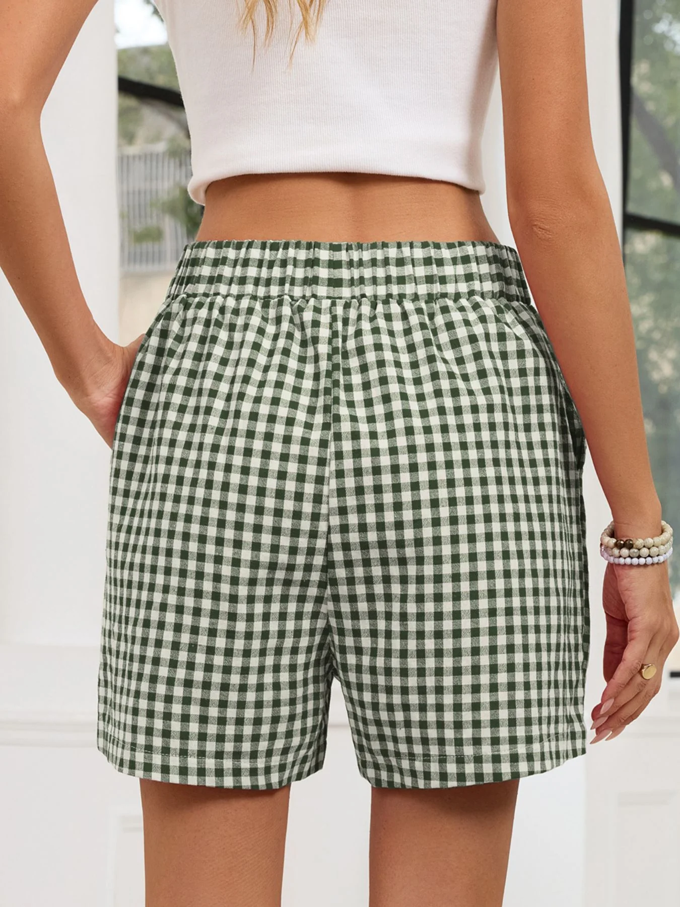 Gingham Elastic Waist Casual Shorts - Image 15