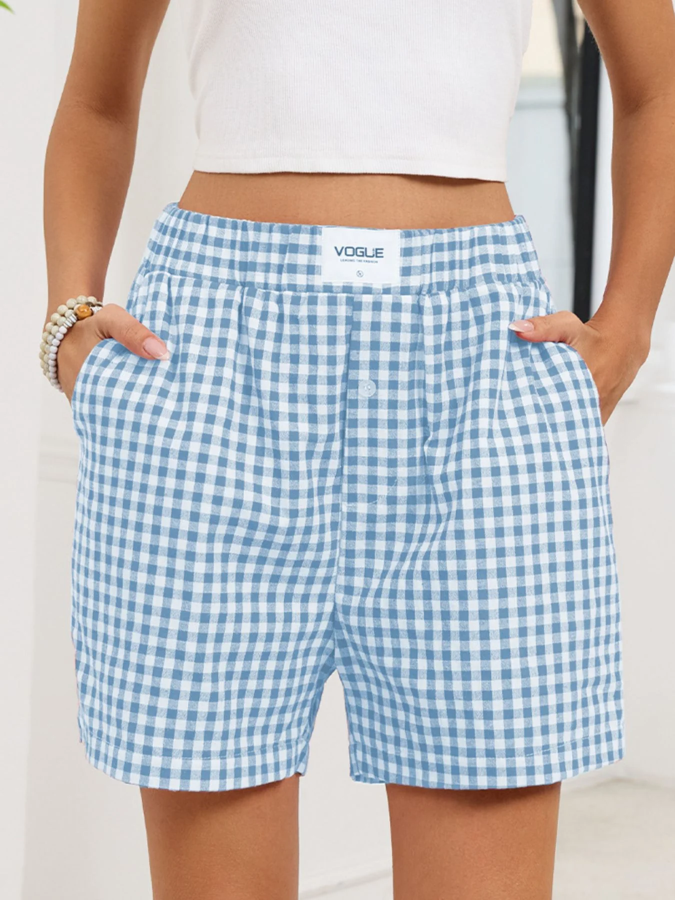 Gingham Elastic Waist Casual Shorts - Image 16