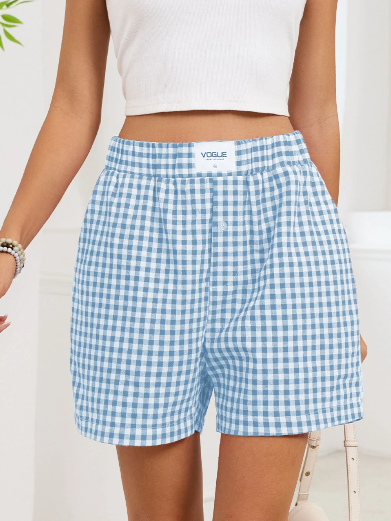 Gingham Elastic Waist Casual Shorts - Image 17
