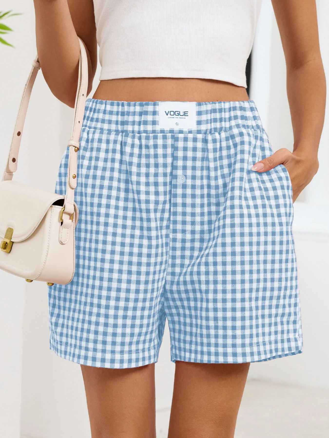 Gingham Elastic Waist Casual Shorts - Image 18