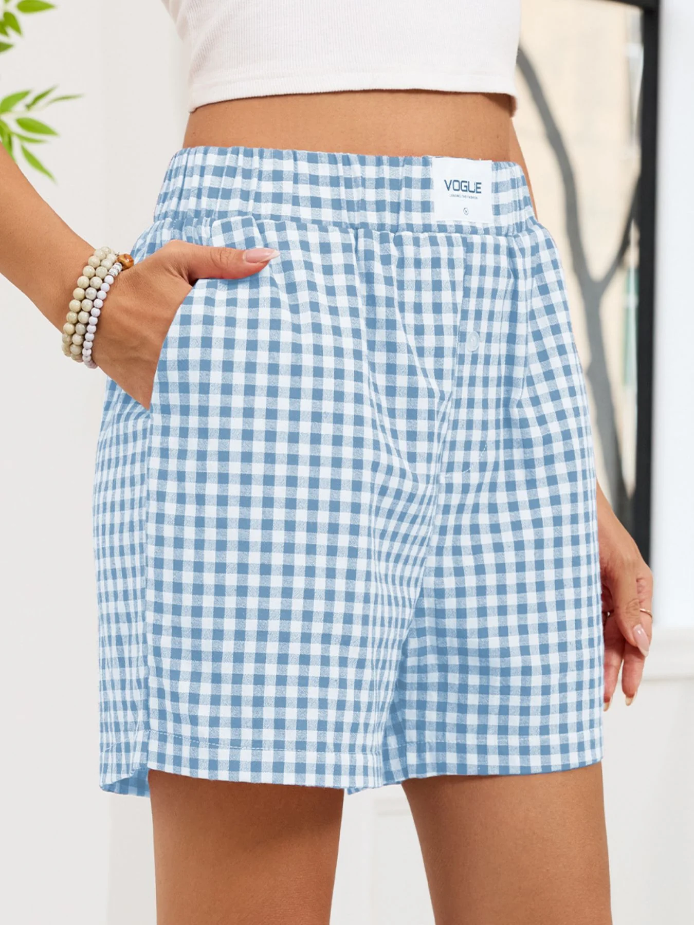 Gingham Elastic Waist Casual Shorts - Image 19