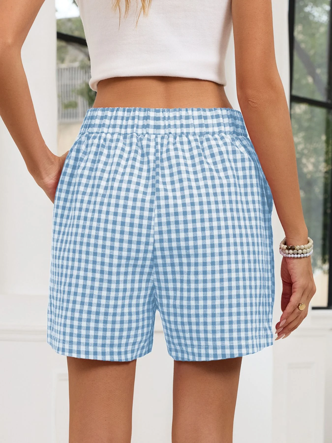 Gingham Elastic Waist Casual Shorts - Image 20