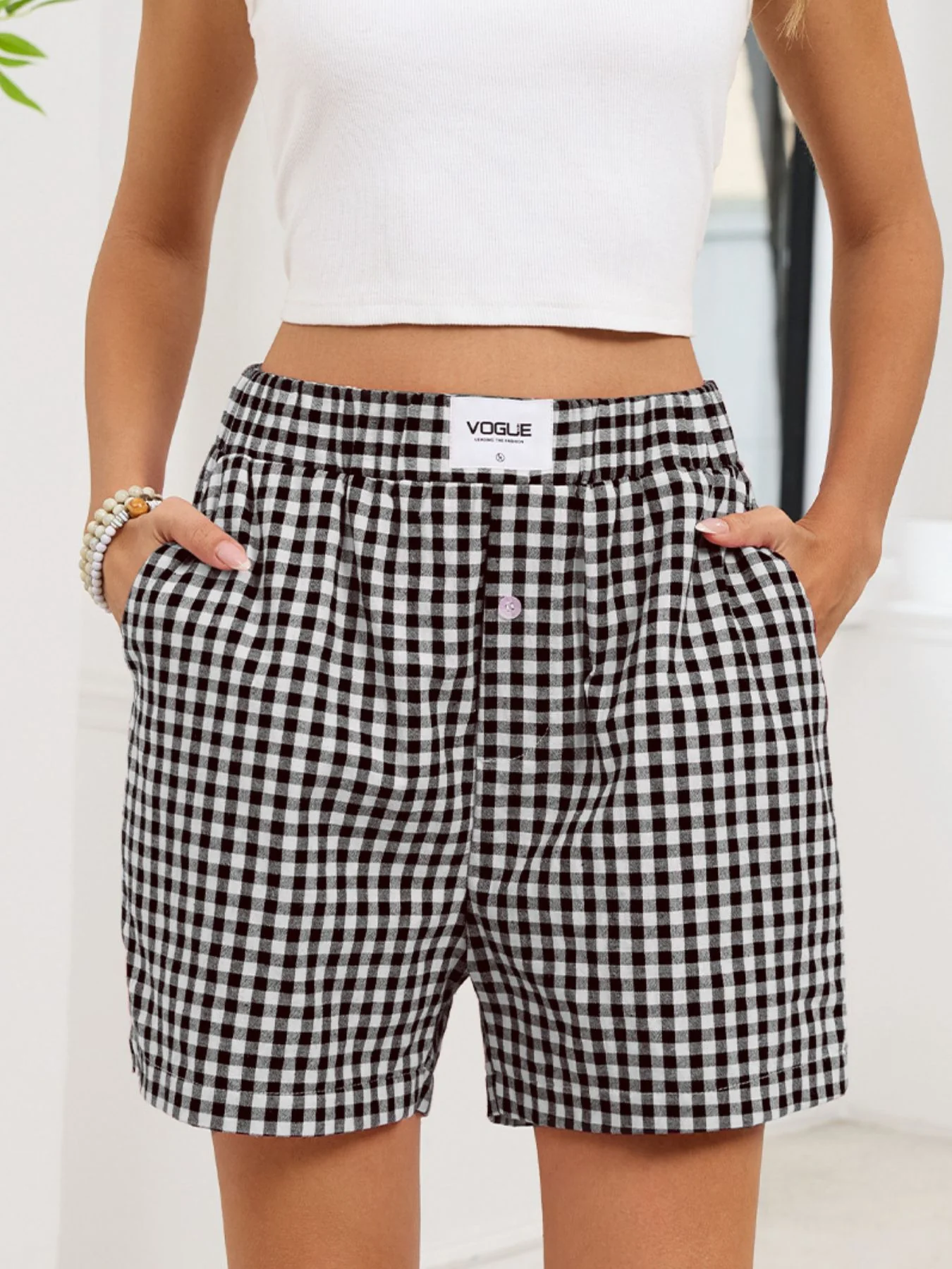 Gingham Elastic Waist Casual Shorts - Image 21