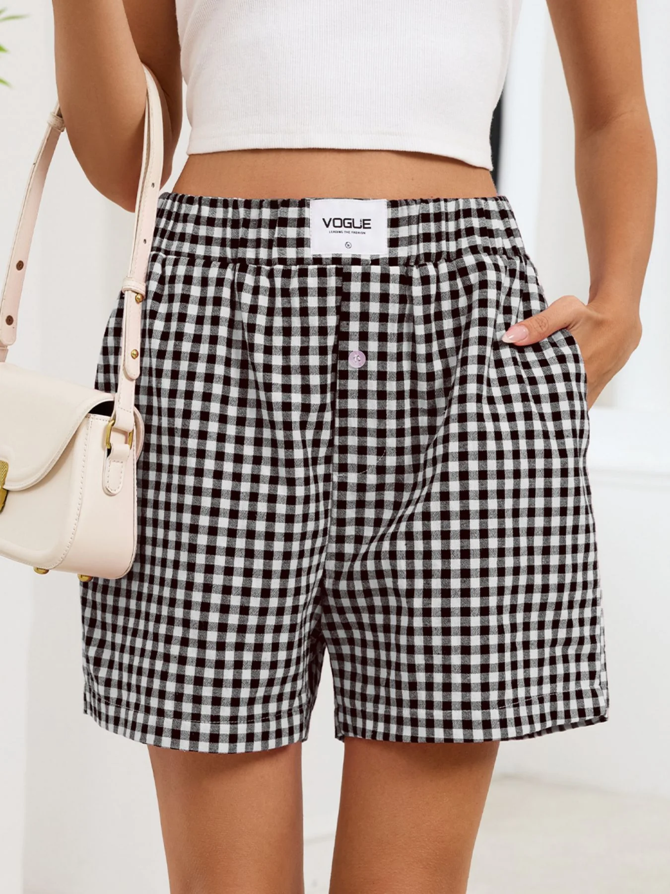 Gingham Elastic Waist Casual Shorts - Image 23