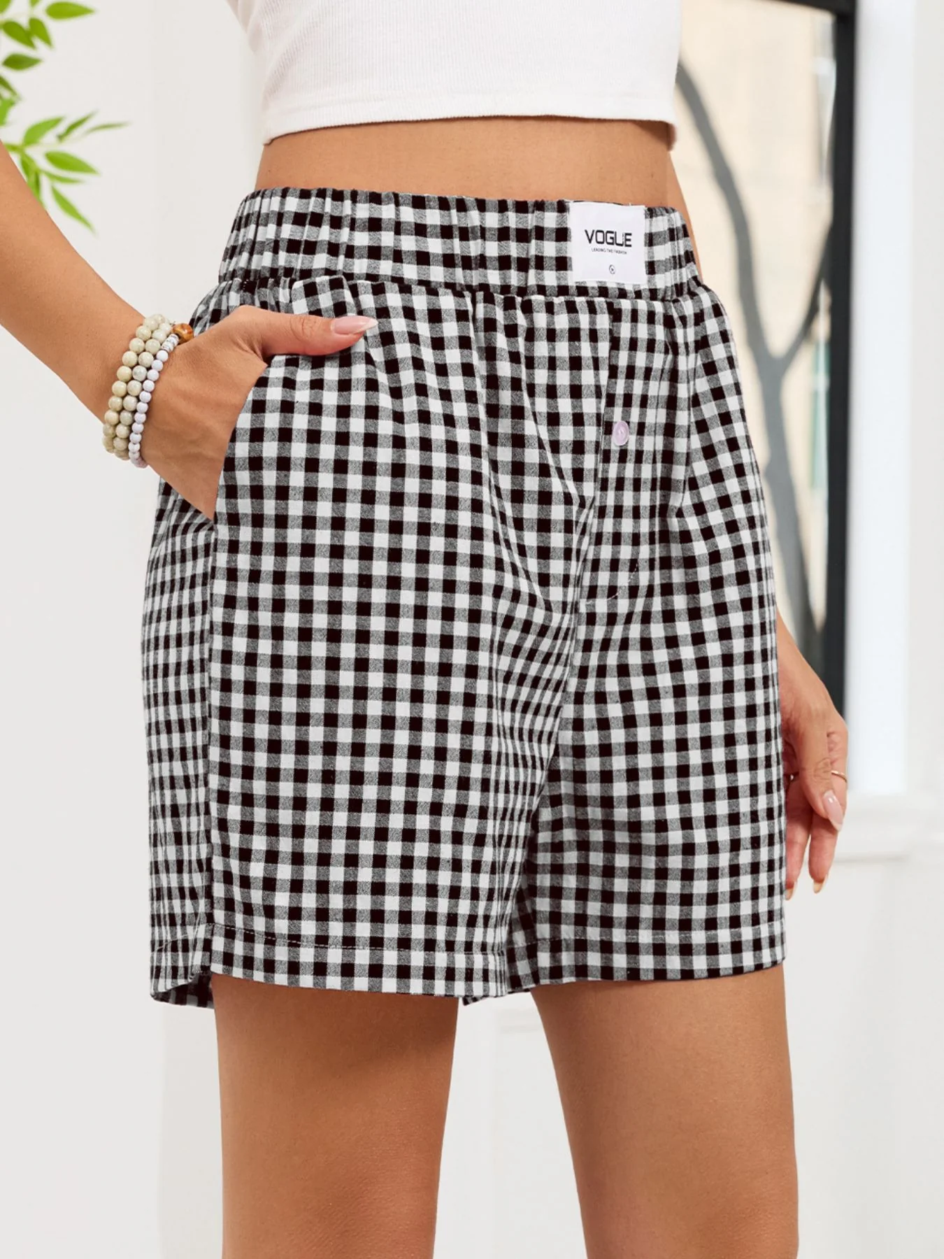 Gingham Elastic Waist Casual Shorts - Image 24