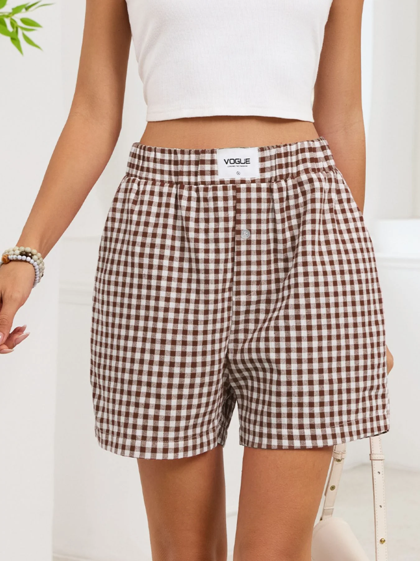 Gingham Elastic Waist Casual Shorts - Image 26