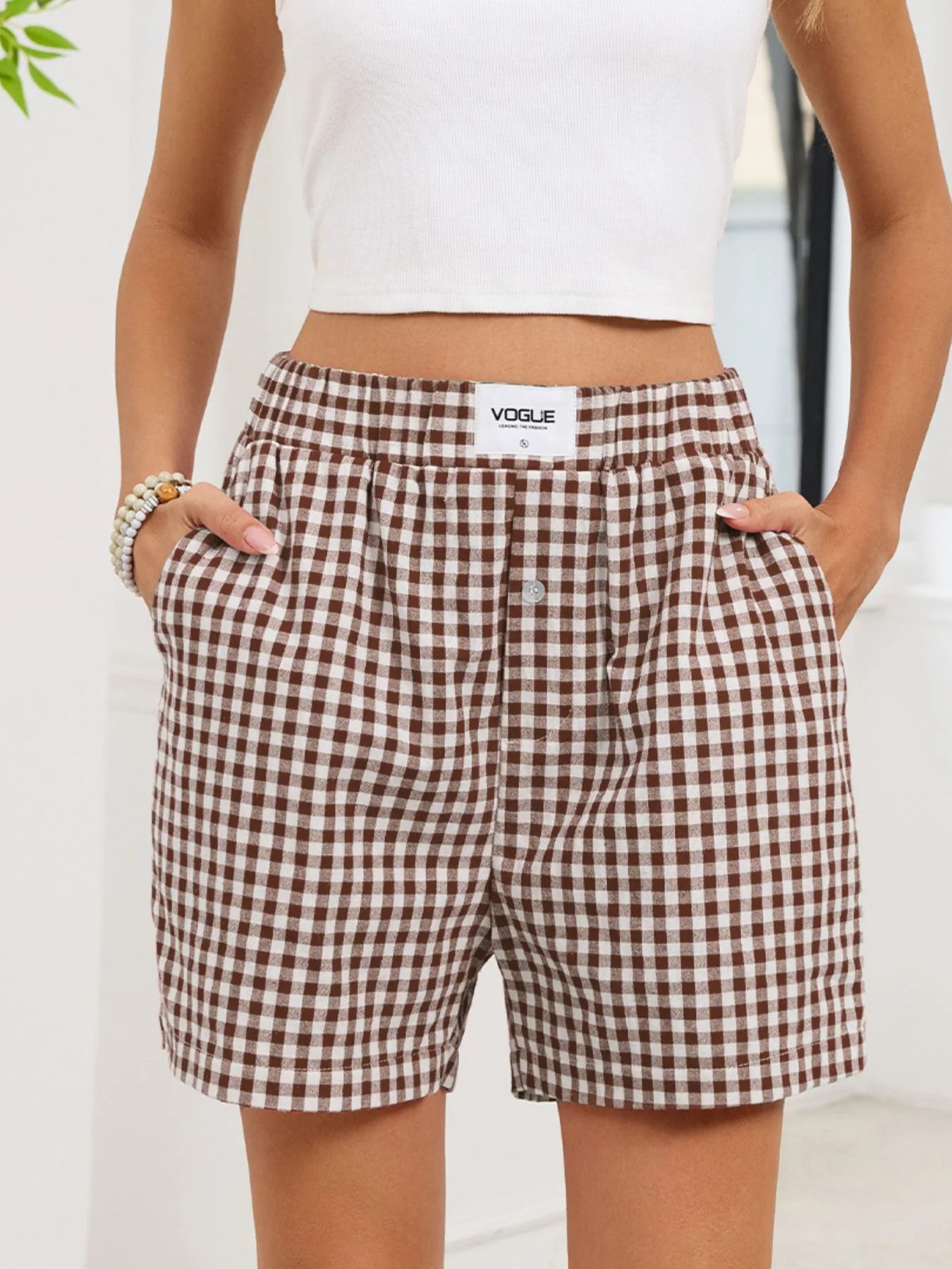 Gingham Elastic Waist Casual Shorts - Image 27