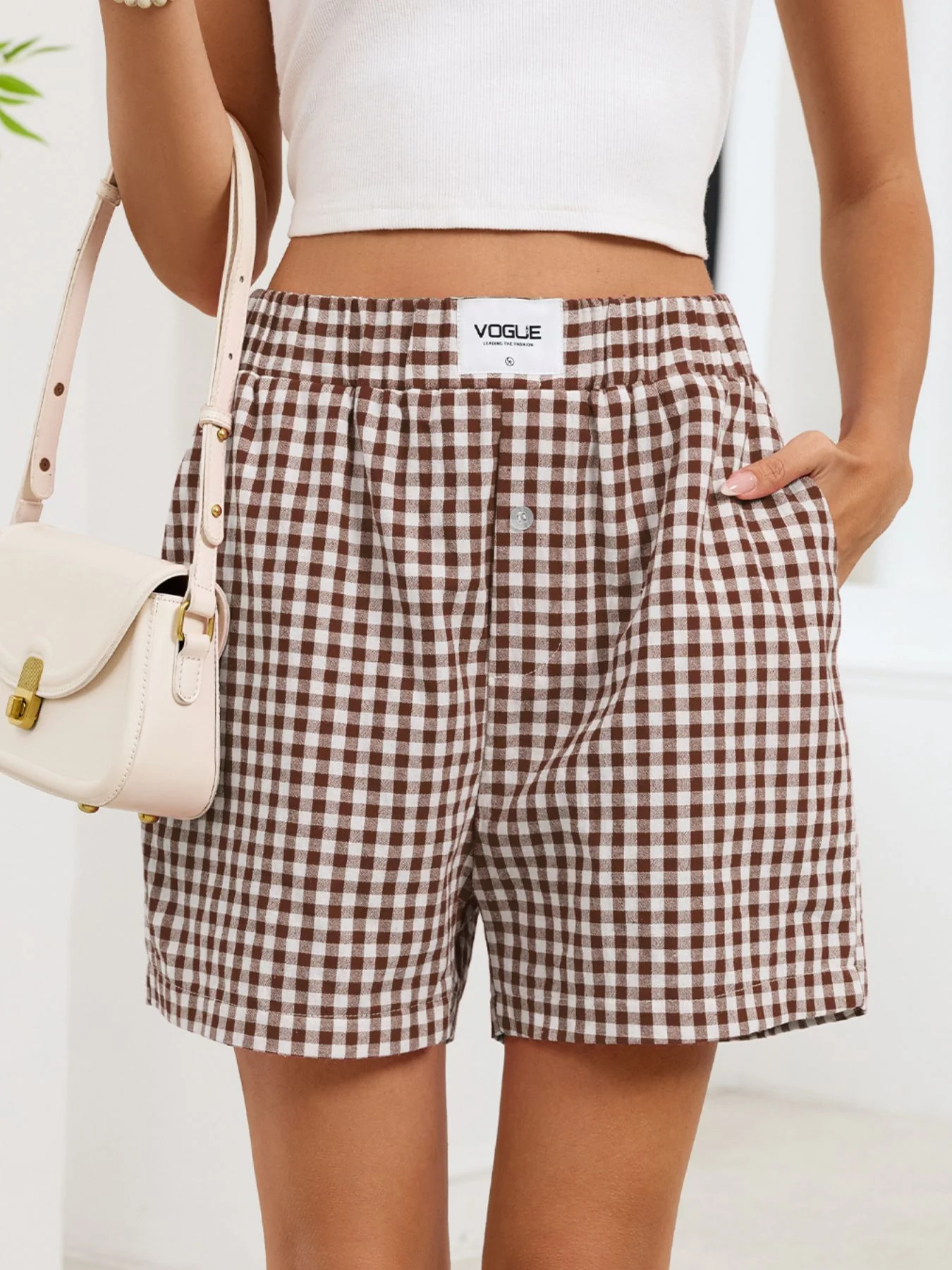 Gingham Elastic Waist Casual Shorts - Image 28