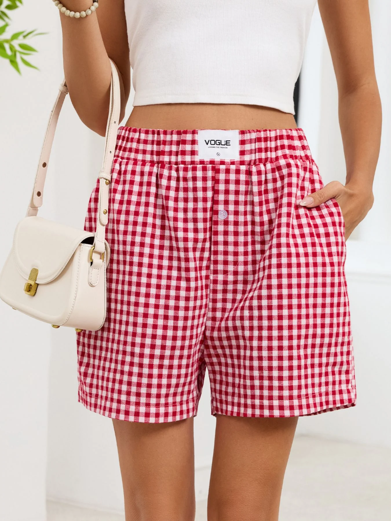 Gingham Elastic Waist Casual Shorts - Image 3