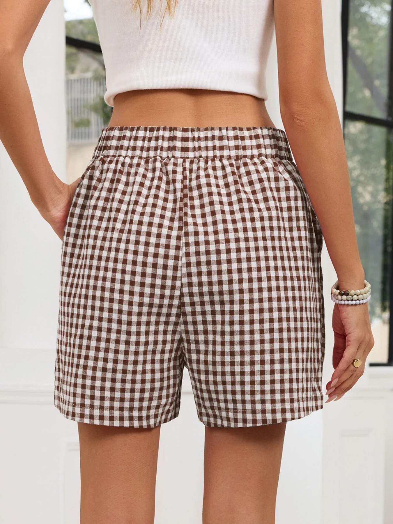 Gingham Elastic Waist Casual Shorts - Image 30