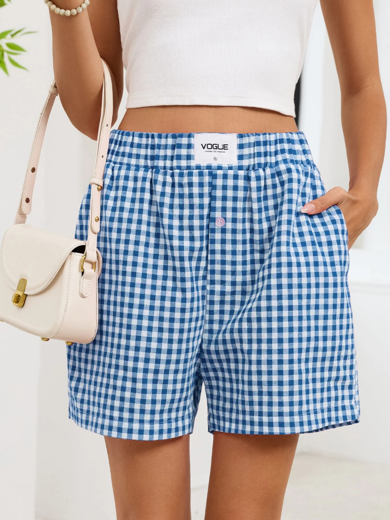 Gingham Elastic Waist Casual Shorts - Image 7