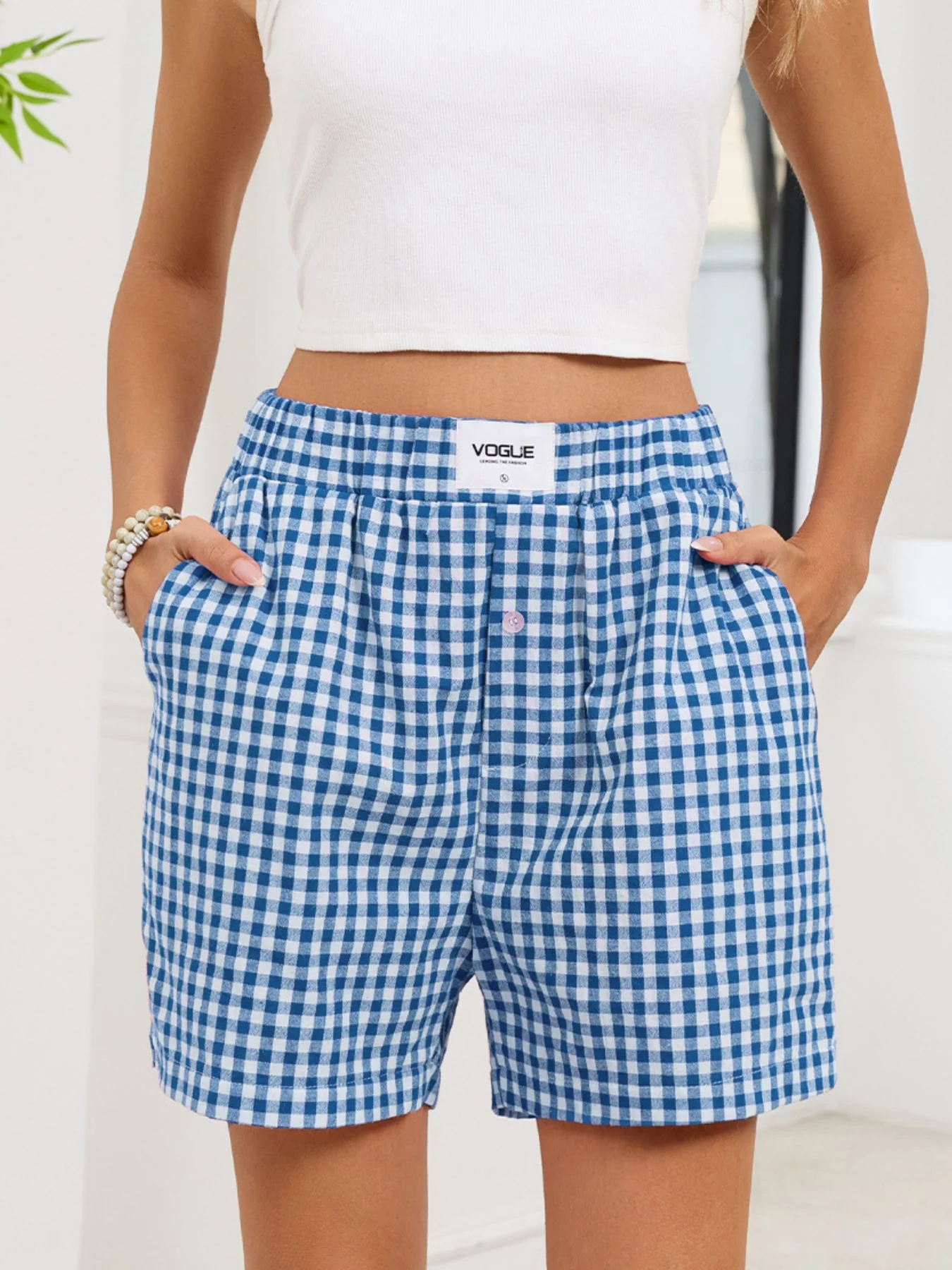 Gingham Elastic Waist Casual Shorts - Image 9