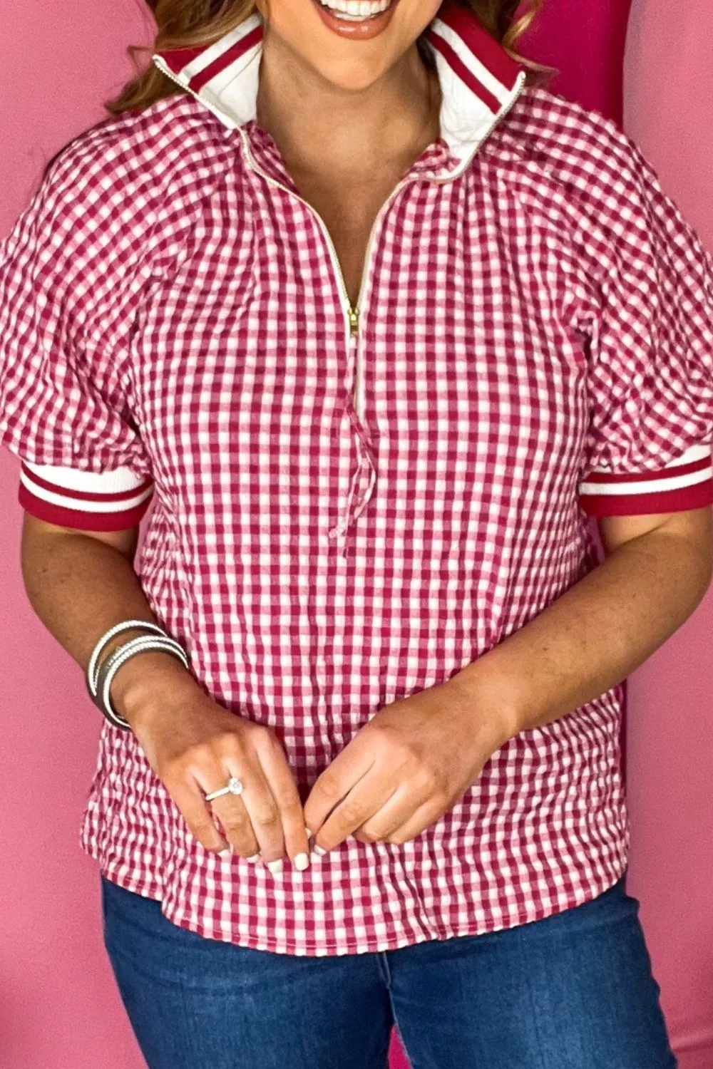 Gingham Puff Sleeve Quarter Zip Blouse - Image 4