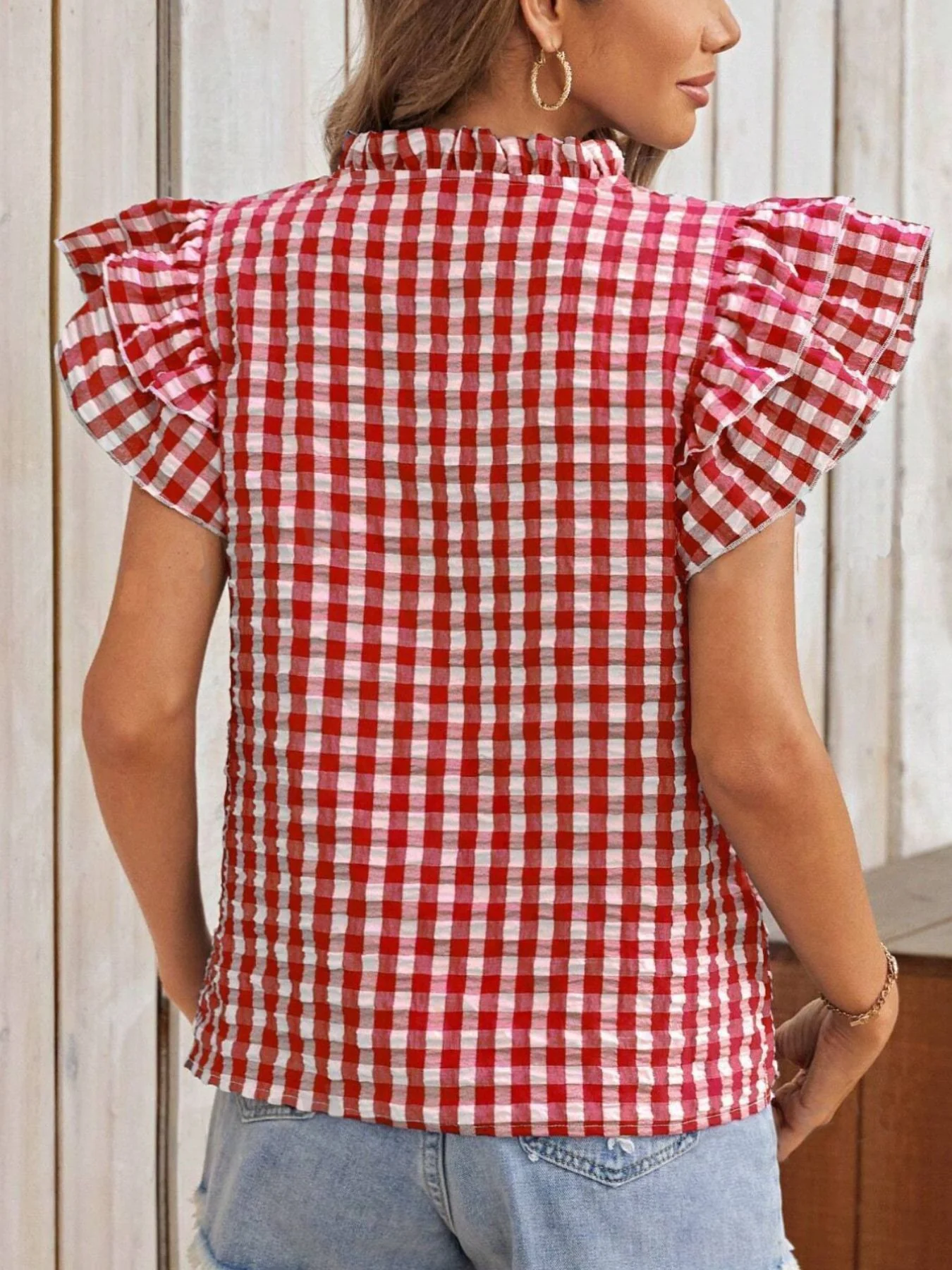 Gingham Ruffle Sleeve Blouse - Image 2