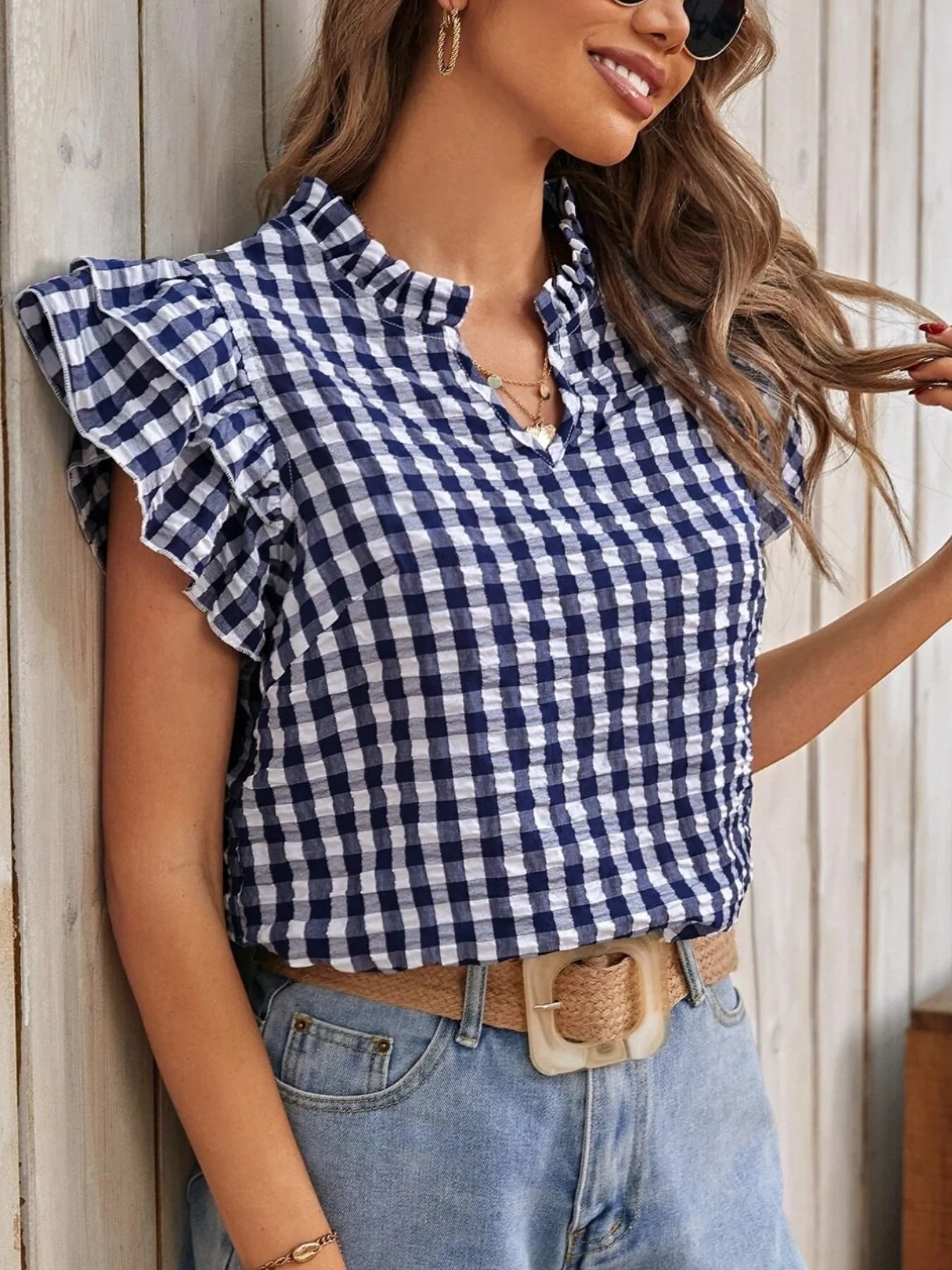 Gingham Ruffle Sleeve Blouse - Image 5