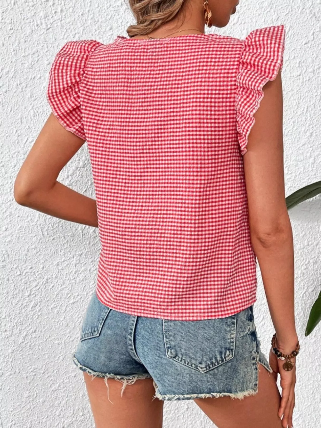 Gingham Ruffle Sleeve Square Neck Blouse - Image 28