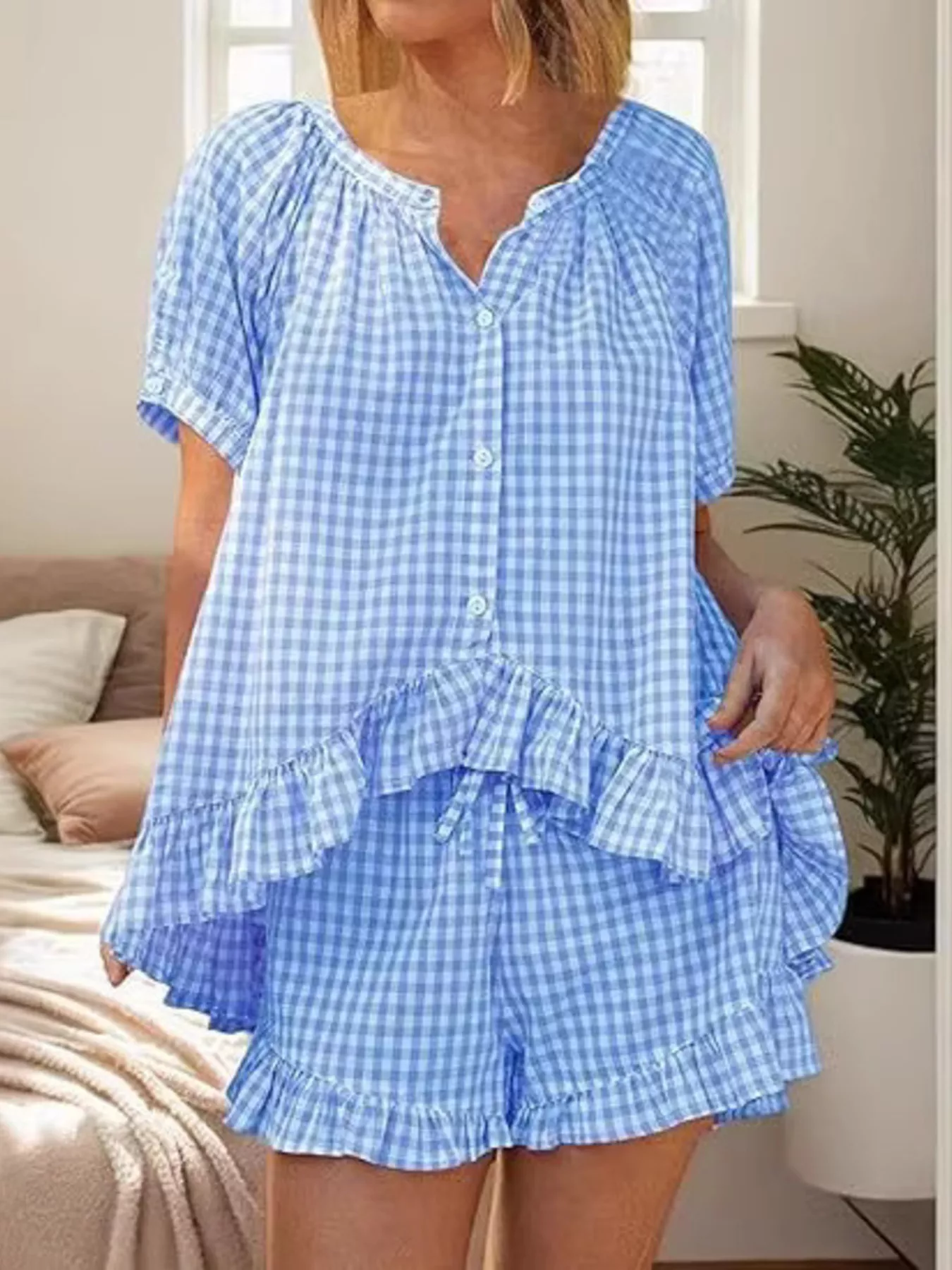Gingham Ruffle Trim Top and Shorts Set
