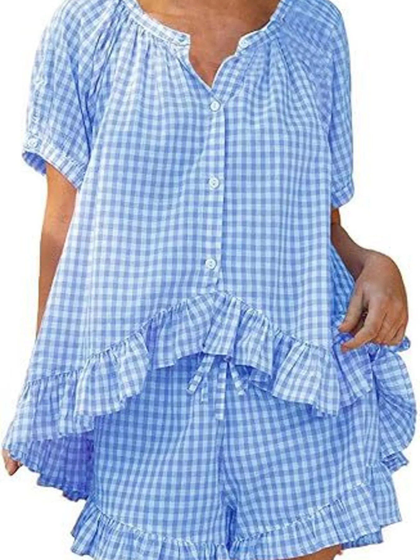 Gingham Ruffle Trim Top and Shorts Set - Image 3