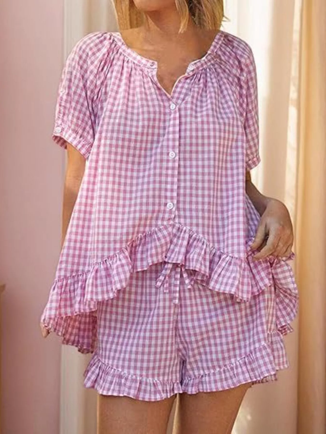 Gingham Ruffle Trim Top and Shorts Set - Image 6