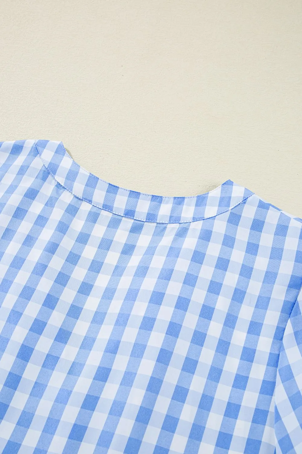 Gingham Short Sleeve Button Tie Split Neck Loose Mini Dress - Image 10