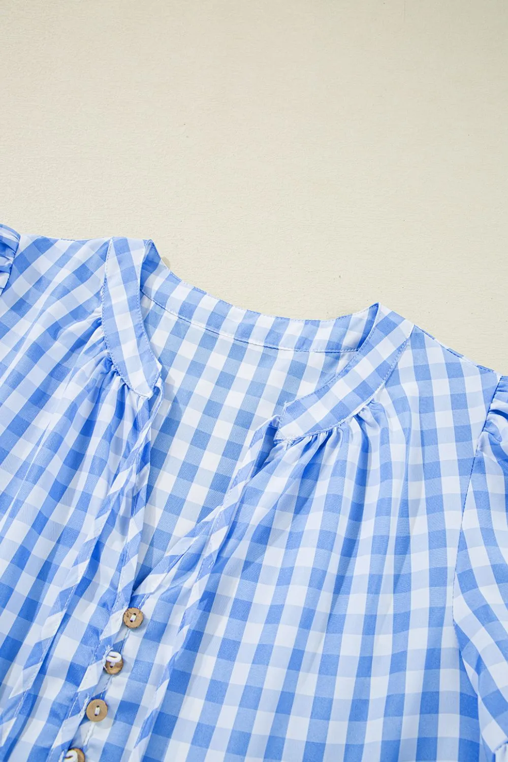 Gingham Short Sleeve Button Tie Split Neck Loose Mini Dress - Image 8