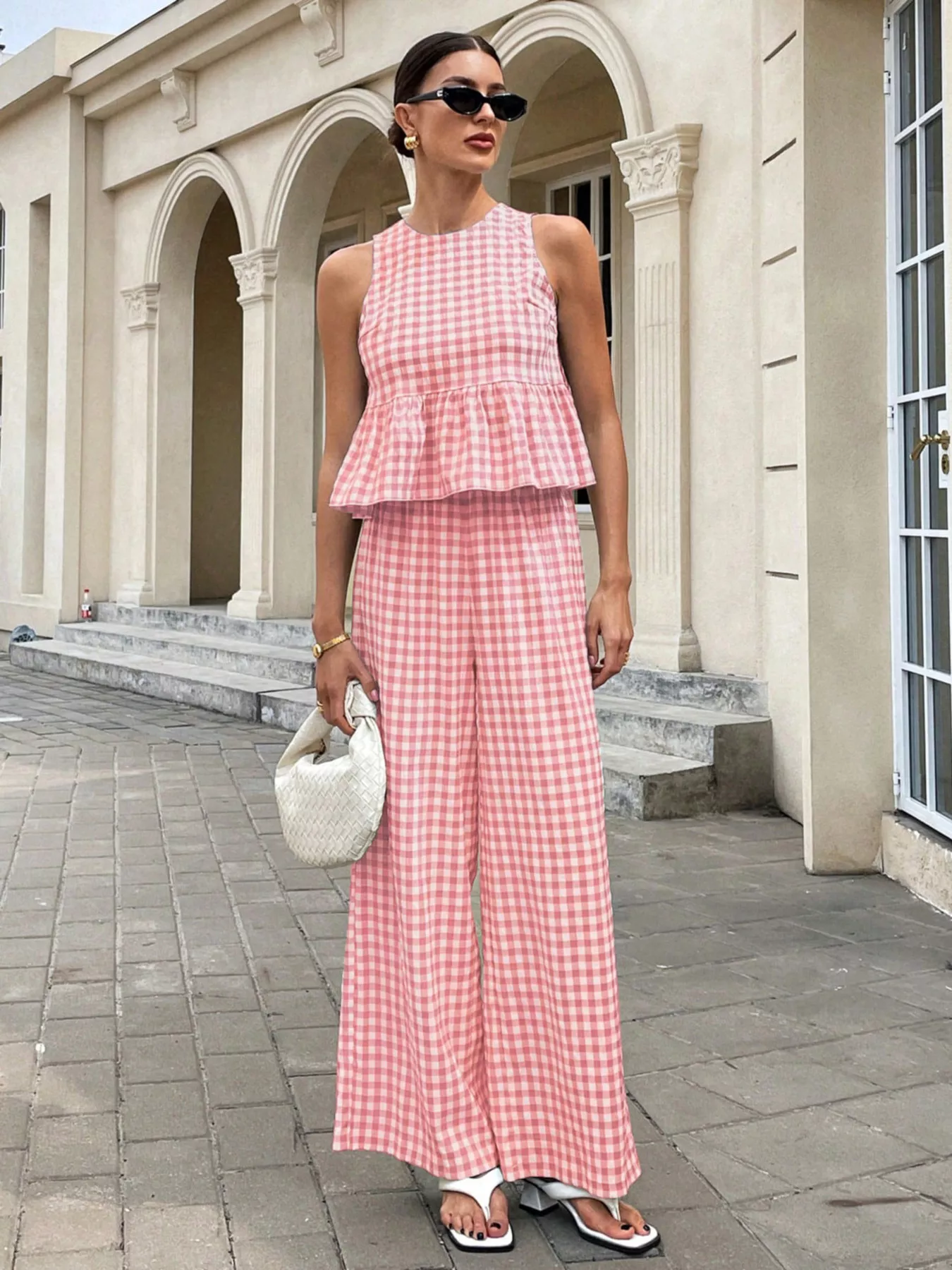 Gingham Sleeveless Top and Wide Leg Pants Set - Image 9