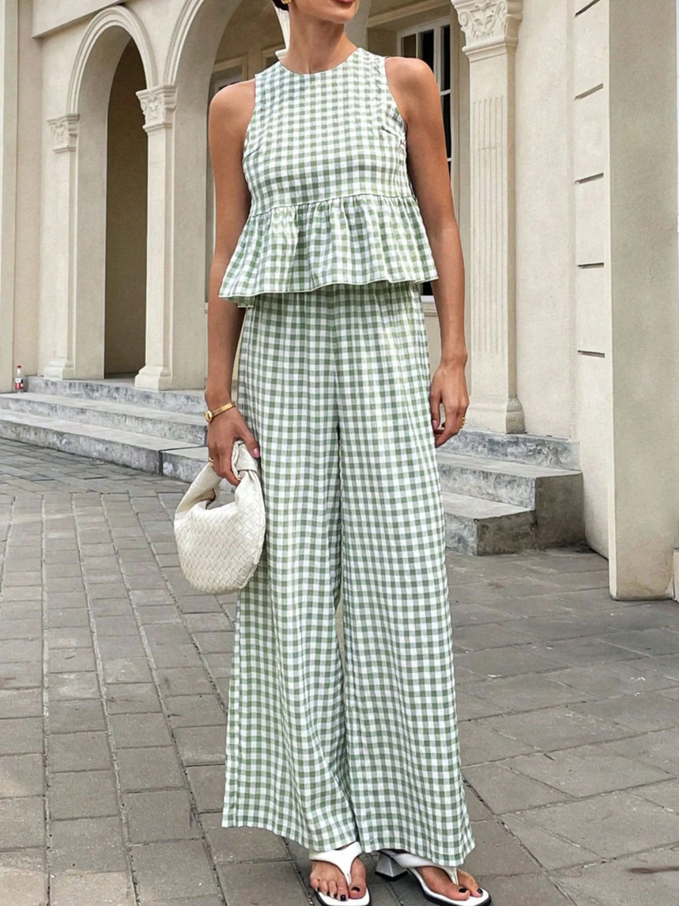 Gingham Sleeveless Top and Wide-Leg Pants Set - Image 10
