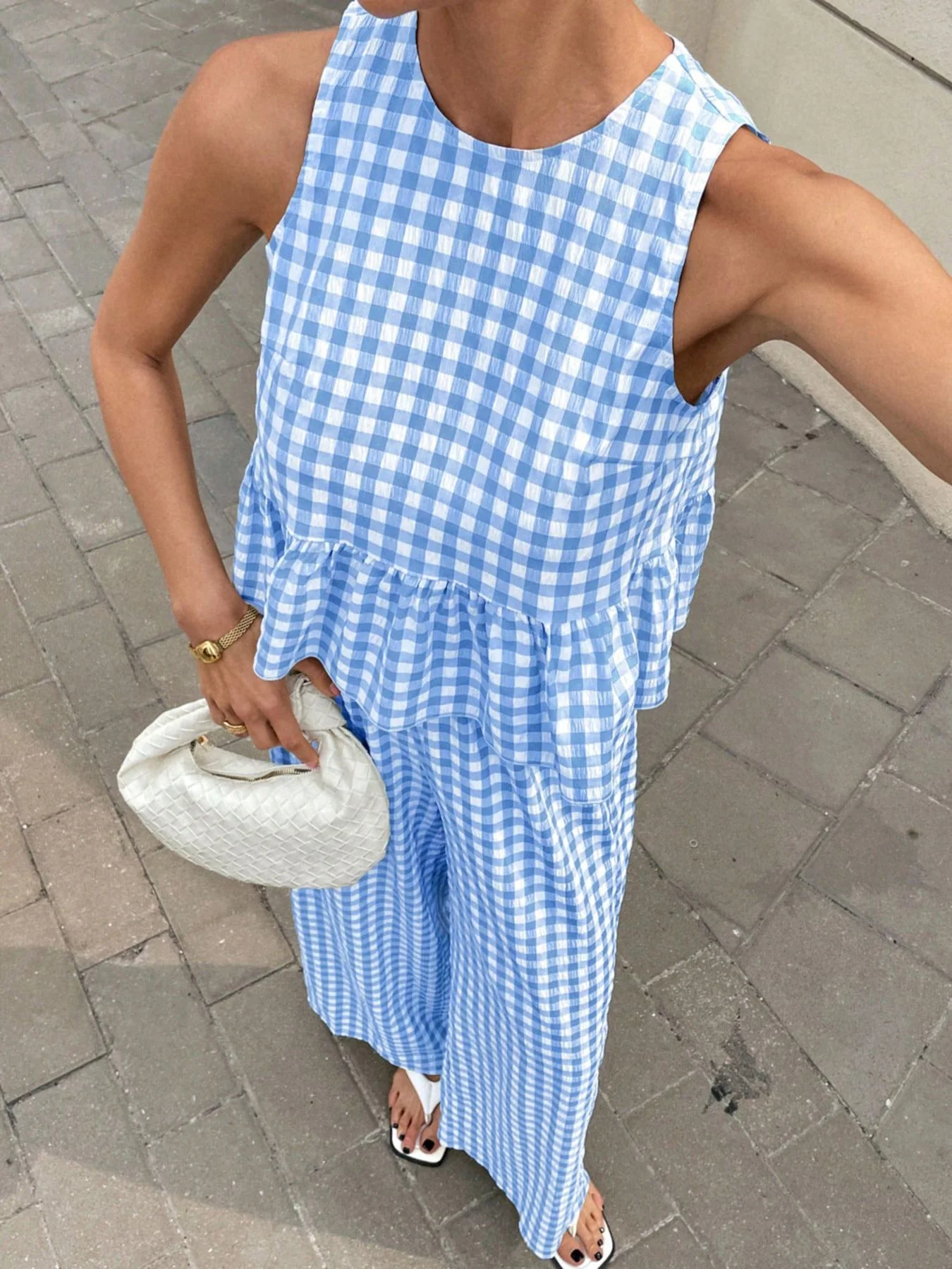 Gingham Sleeveless Top and Wide-Leg Pants Set - Image 9