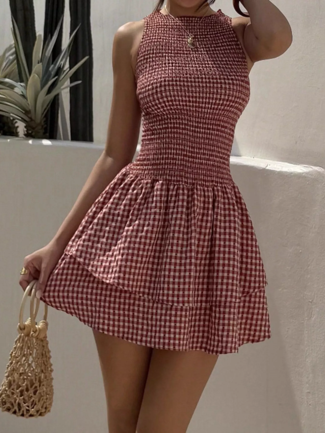 Gingham Smocked Mini Dress - Image 3