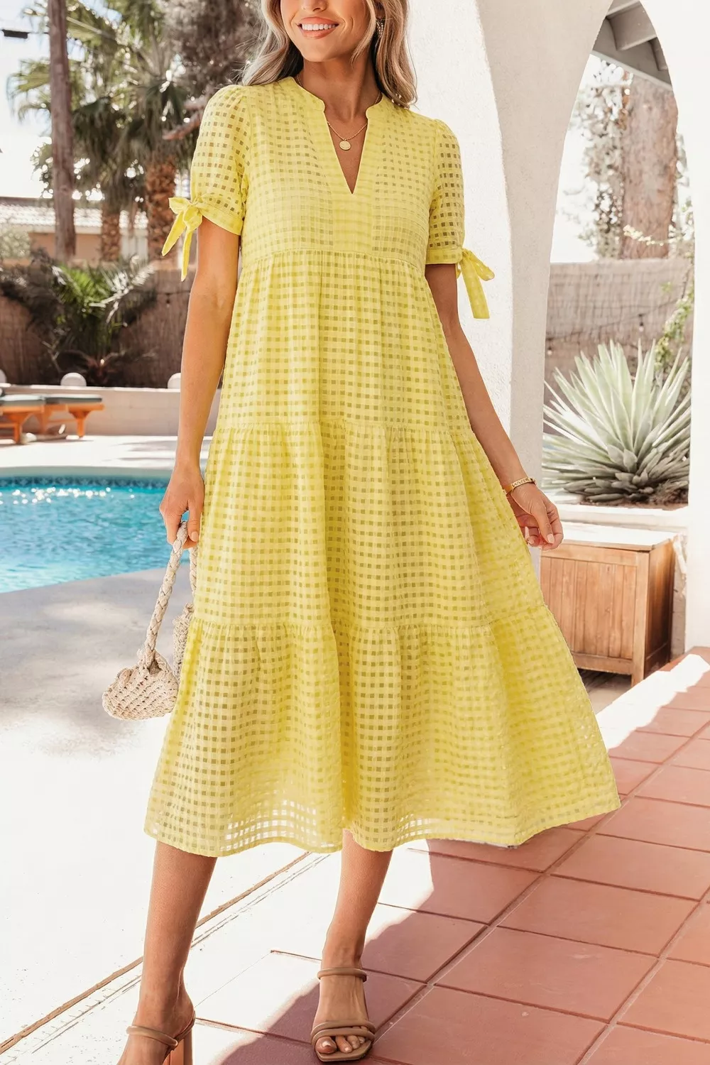 Gingham Textured Bow Tie Short Sleeve Tiered Midi Dress - Image 2
