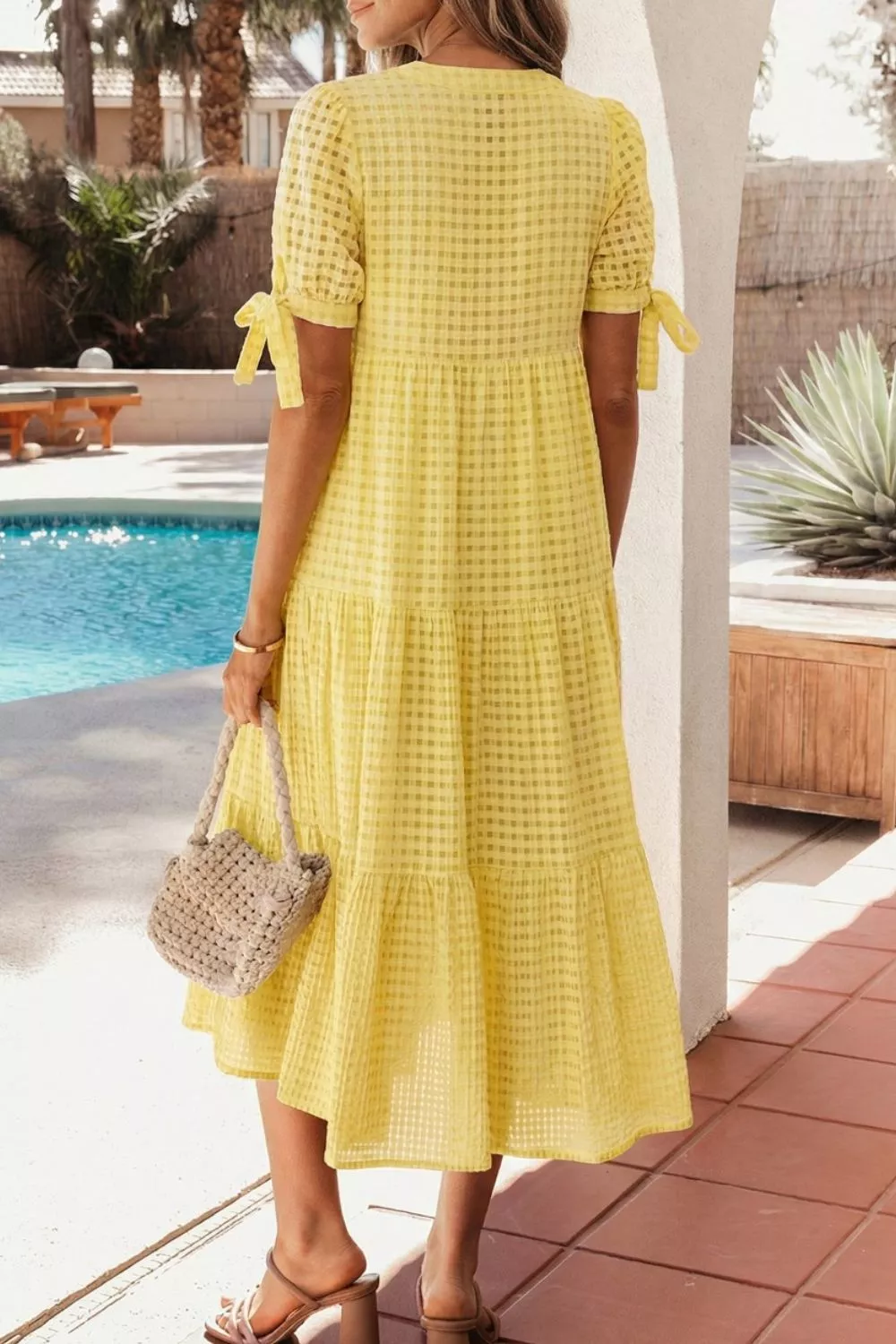 Gingham Textured Bow Tie Short Sleeve Tiered Midi Dress - Image 3