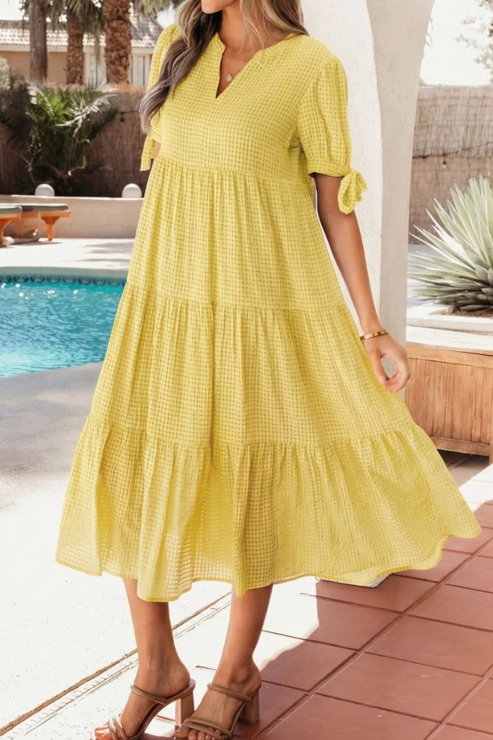 Gingham Textured Bow Tie Short Sleeve Tiered Midi Dress - Image 4