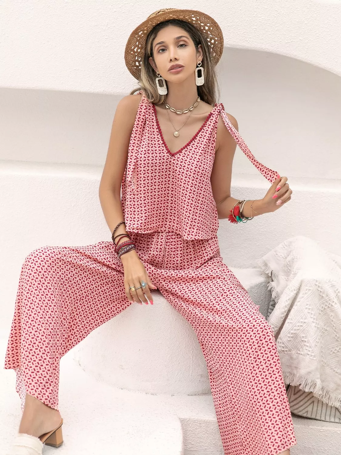 Gingham Tie Shoulder Top and Pants Set - Image 4