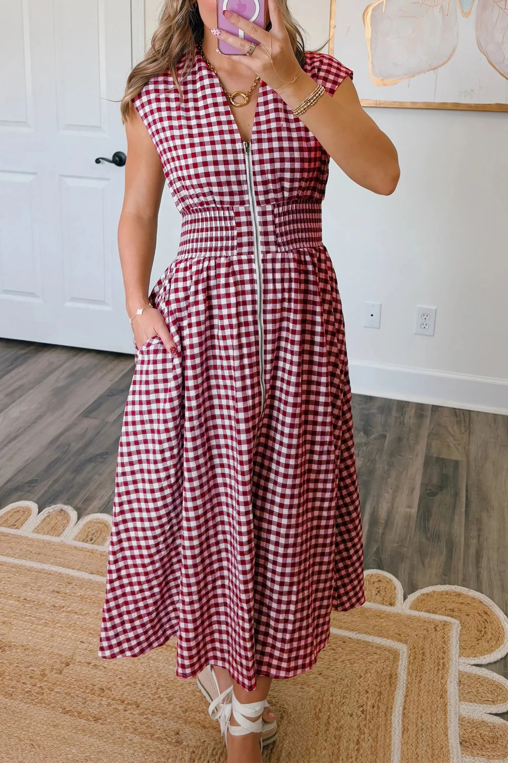 Gingham Zip-Front Midi Dress - Image 3